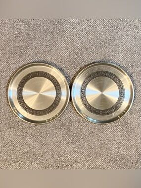 2 VTG Royal Selangor Pewter Coasters w Etched Abstract Border Round 3.25”